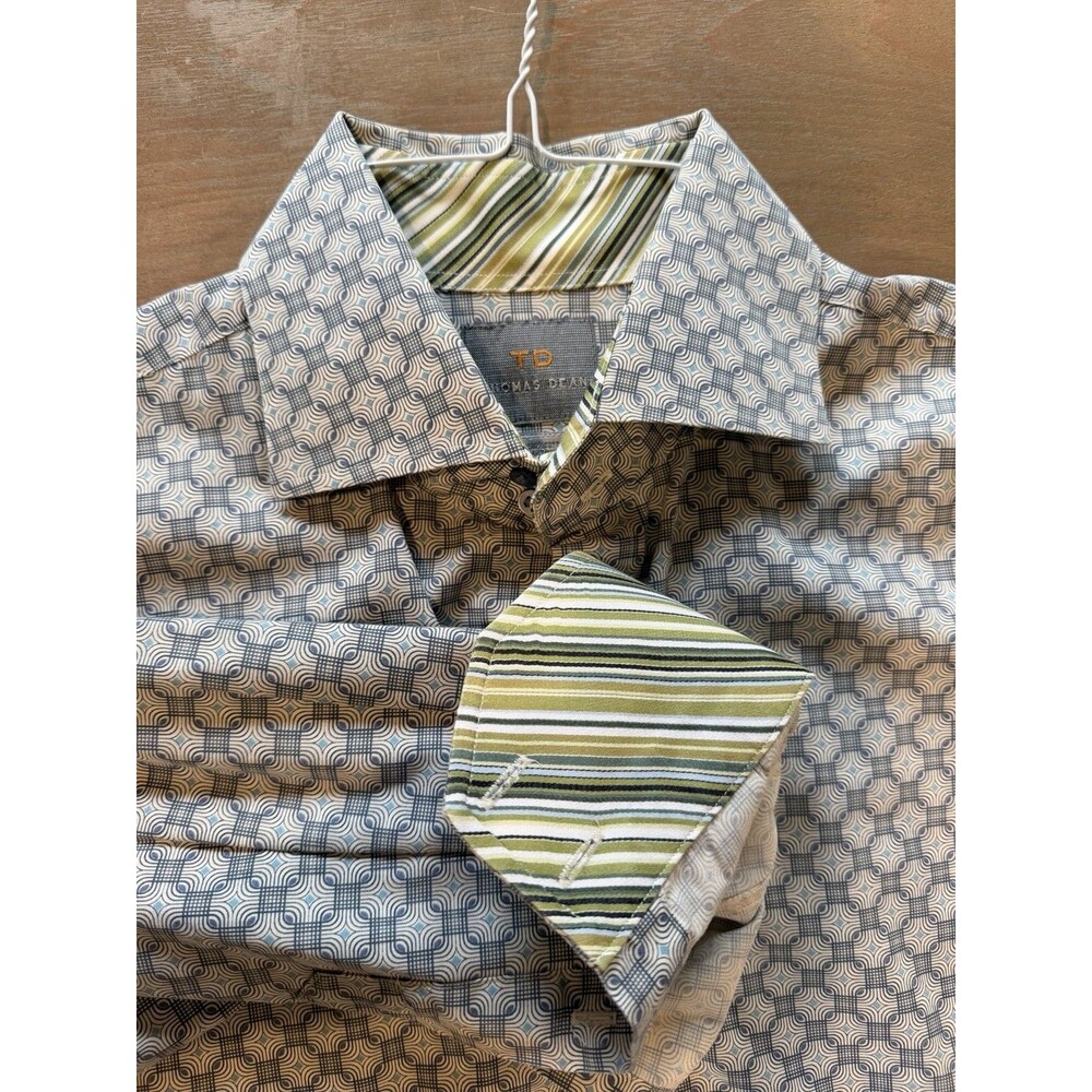 Thomas Dean Shirt Large Blue Geometric Long Sleeve Flip Cuff TD Cotton EUC